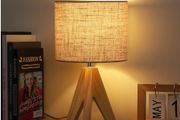 EDISHINE 36cm Wood Bedside Table Lamp, Tripod Desk Lamp with Beige Linen Lampshade