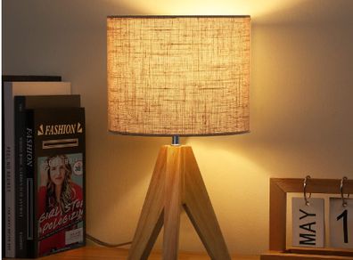 EDISHINE 36cm Wood Bedside Table Lamp, Tripod Desk Lamp with Beige Linen Lampshade