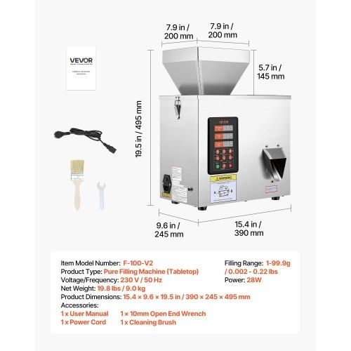 Powder Filling Machine, 1-99.9g Automatic Particle Dispenser, High Accuracy, Premium Stainless Steel, Intelligent Weighing Dispensing Filler for Coffee Beans, Grains, Tea, Spices, Silver