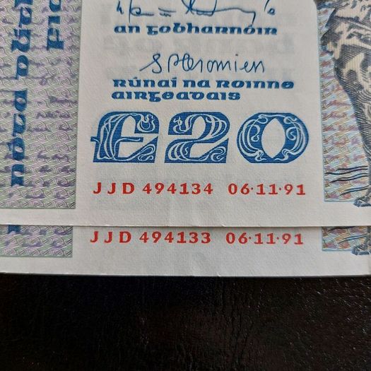 1991 Central Bank of Ireland 20 Pound Notes in Sequence