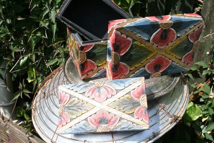 Vintage Two Carved Boxes Wooden Jewelry Hand Painted Handmade  Home Decor 10"x6" H 6" and 8,2"x4,5" H 4,2"