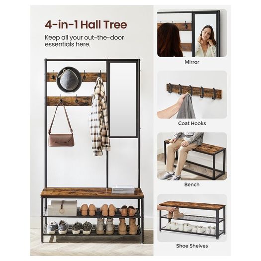 Coat Rack with Hooks, Clothes Rack with Mirror, Shoe Bench and Shelves, 36 x 98 x 185 cm, for Hallway, Bedroom, Living Room, Vintage Brown/Black