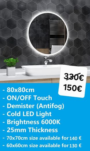 LED Bathroom Mirrors Speakers Demister Antifog Weather Station Clock Dual LED Sensor Touch