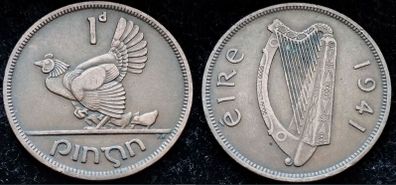 [#329] - Ireland 1941 | 1 Penny | Irish 1d | Pingin | KM.11