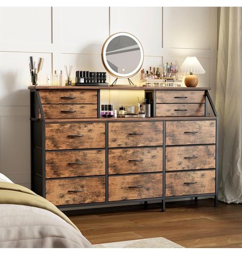Dresser for Bedroom with 13 Drawers, 55 inchWide Chest of Drawers, Fabric Dresser with 2 Wooden Shelves, Storage Organizer Unit with Fabric Bins for Bedroom, Living Room, Hallway, Rustic Brown
