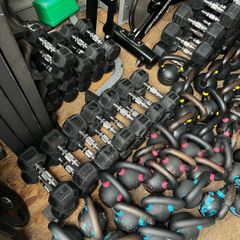 Hex rubber dumbbells and cast iron kettlebells