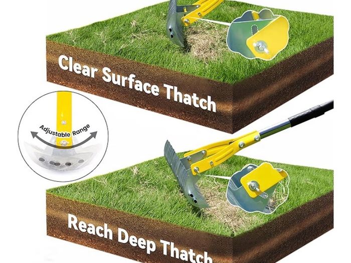 38cm Adjustable Head Weed Tool, Dethatcher Rake to Cleaning Dead Grass with 188cm Adjustable Handle, Steel Metal Thatching Rake for Grass, Garden, Yard