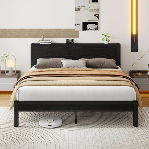 King Size Bed Frame with Wooden Storage Headboard, Metal Bed Frame King Size Bed Base/Mattress Foundation, Enhanced Support Noise Free, Black
