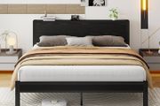 King Size Bed Frame with Wooden Storage Headboard, Metal Bed Frame King Size Bed Base/Mattress Foundation, Enhanced Support Noise Free, Black