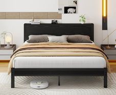 King Size Bed Frame with Wooden Storage Headboard, Metal Bed Frame King Size Bed Base/Mattress Foundation, Enhanced Support Noise Free, Black