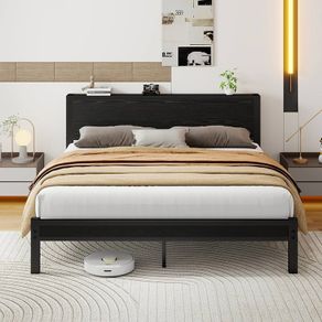 King Size Bed Frame with Wooden Storage Headboard, Metal Bed Frame King Size Bed Base/Mattress Foundation, Enhanced Support Noise Free, Black
