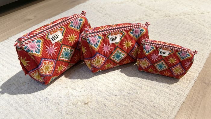 Brand New 3-Piece Hand-Block Print Quilted Cosmetic Bag Set, Nesting Travel Pouches, Cotton Toiletry Organiser