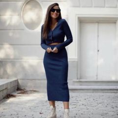 Zara Navy Knit Midi Skirt, Size M, New with Tags