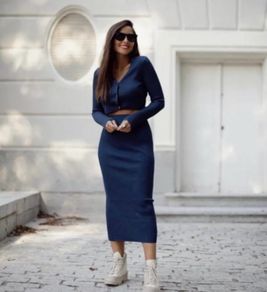 Zara Navy Knit Midi Skirt, Size M, New with Tags