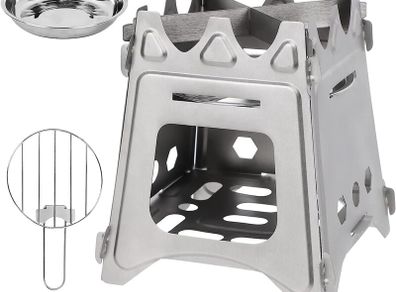 Camping Wood Stove,Compact Folding Titanium Wood Stove with Mini Alcohol Stove for Outdoor Camping Cooking Picnic