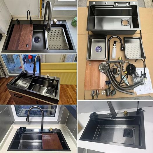 New Stainless Steel Waterfall Sink - Drop In Single Bowl Workstation Sink With Cup Washer (Black, 75x46cm)