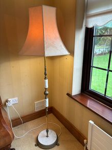 Vintage Hollywood Regency Brass & Marble Floor Lamp with Cream Pagoda Shade