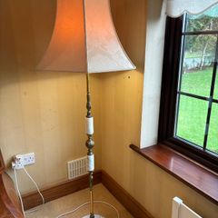 Vintage Hollywood Regency Brass & Marble Floor Lamp with Cream Pagoda Shade