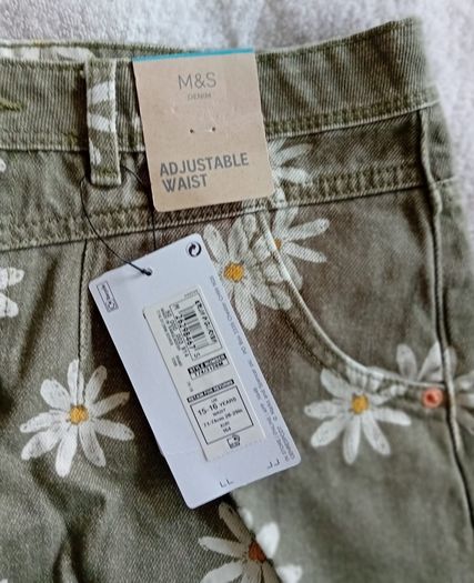M&S Khaki Denim Shorts with Flower Print Age 15-16 BNWT