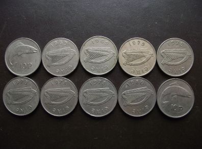 10 Irish Ten pence coins (1969-1980)