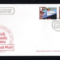 1989 Great Britain Europa and Transport Commemorative Stamps First Day Cover (FDC) with additional cancel noting Presented to Bureau Customers May 1988