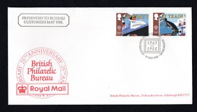 1989 Great Britain Europa and Transport Commemorative Stamps First Day Cover (FDC) with additional cancel noting Presented to Bureau Customers May 1988