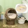 Woven Banana Leaf Elevated Cat Bed Wicker Kitten Basket Pet Den. House Cozy Cave with Soft Cushion Dome 42x33x52cm Dark Brown Image 2
