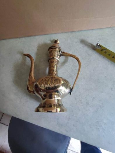 brass ewer, teapot, Indian brass pot engraved with flowers and foliage, vintage from the 1970s