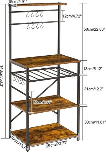 Kitchen Bakers Rack, Microwave Oven Stand with Storage Shelves, Industrial Coffee Bar Station, with Adjustable Wine Holders and S-Hooks, Metal Frame, Rustic Brown, 143x40x59 cm, HBR001H