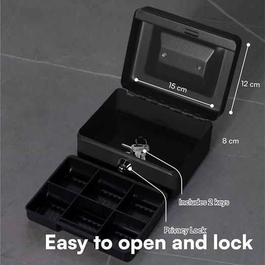 NEW SALE | Money Box with Key - 6 inch Money Tin with Lock - Small Lockable Cash Box with Coin Tray for Petty Cash Coins Notes - Locking Metal Safe Box with 2 Keys - Black Matt