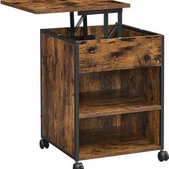 _Bedside Table Sofa Table Height Adjustable Surface Wheels Adjustable Feet 2 Open Shelves Hidden Compartment for Living Room Bedroom Vintage Brown/Black