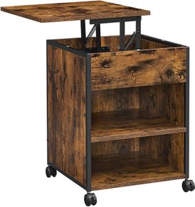 _Bedside Table Sofa Table Height Adjustable Surface Wheels Adjustable Feet 2 Open Shelves Hidden Compartment for Living Room Bedroom Vintage Brown/Black