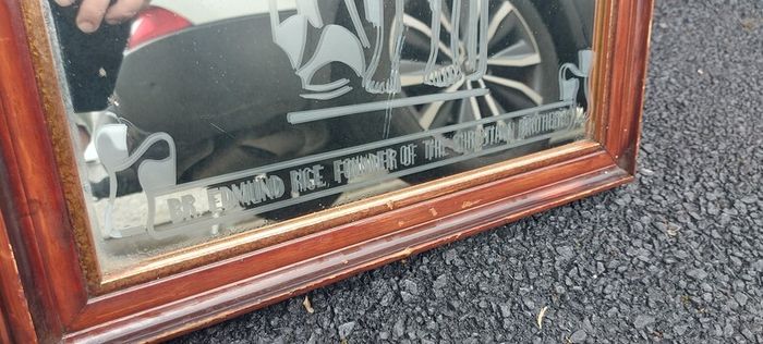 Dr Edmund Rice founder of the Christian brothers etched mirror,came from a old school,hard to come by ,heavy,lovely display,a piece of irish history,,hard to come by, buyer collects,sold as seen ,sorry pics not more clearer,I gave wood a light polish.