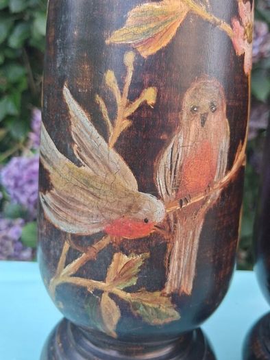 Stunning Pair Of Hand Painted Art Nouveau Hardwood  Candlesticks 12"