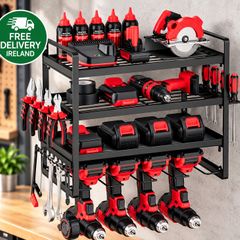 Heavy Duty Power Tool Organiser Wall Mounted 4 Tier Rack with 4 Drill Holders