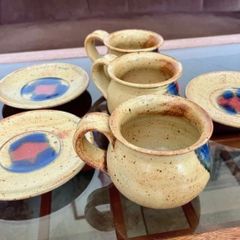 Vintage Stoneware 3 Coffee Cups & Saucers made by Badger Hill Pottery