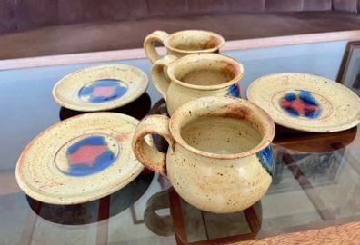 Vintage Stoneware 3 Coffee Cups & Saucers made by Badger Hill Pottery