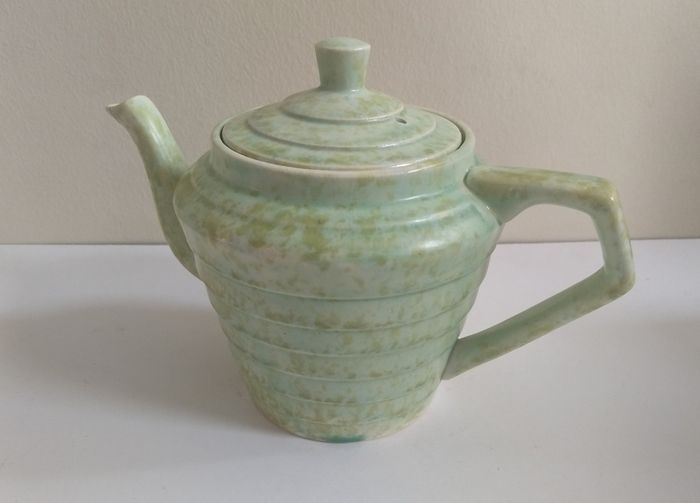 Stunning Art Deco 'Windsor Step' Shaped Teapot by Wade Heath, with a Stunning Rare Mottled Mint Green Glaze, Circa 1930+