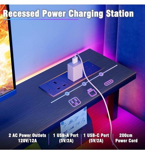 120x50cm Gaming Desk with LED Lights & Power Outlets,Black Storage Shelves, Dual Monitor Stand, Home Office & Study, Work from Home, Bedroom, Small Spaces, Dorm, Space-Saving, Students