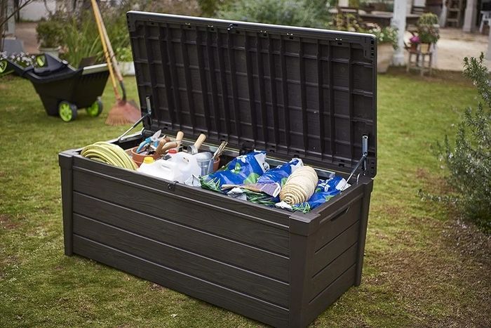 Brightwood 454L Outdoor 60% recycled Garden Furniture Storage Box Brown Wood Panel Effect Fade Free All Weather Resistant Safe and Secure Zero