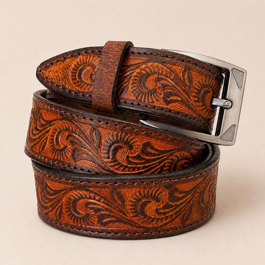 Unisex Genuine Leather Belt Vintage Embossed Design with Antique Buckle Casual & Formal Waist Belt