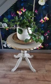 Small display table newly restyled with handwoven rattan plate included