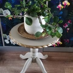 Small display table newly restyled with handwoven rattan plate included
