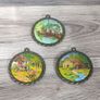 X3 vintage framed creative circle CrossStitch Embroided pictures wishing well, mill and fishing harbour Image 2