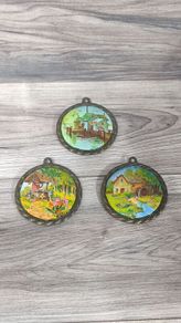 X3 vintage framed creative circle CrossStitch Embroided pictures wishing well, mill and fishing harbour