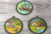 X3 vintage framed creative circle CrossStitch Embroided pictures wishing well, mill and fishing harbour