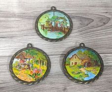 X3 vintage framed creative circle CrossStitch Embroided pictures wishing well, mill and fishing harbour