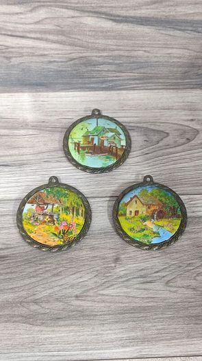 X3 vintage framed creative circle CrossStitch Embroided pictures wishing well, mill and fishing harbour
