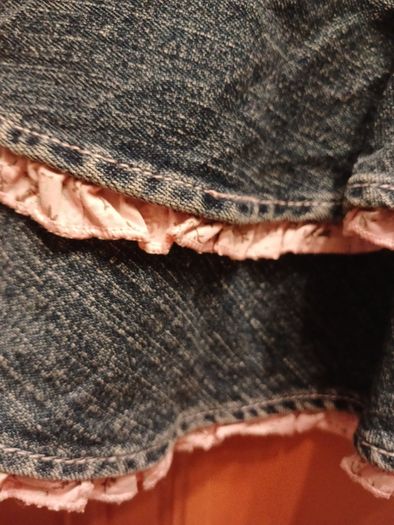 Denim Skirt, Pumpkin Patch, ruffled edge, pale pink ribbon Age 8