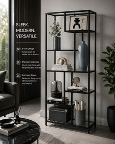 Bookcase with 6 shelves ink black - transparent glass